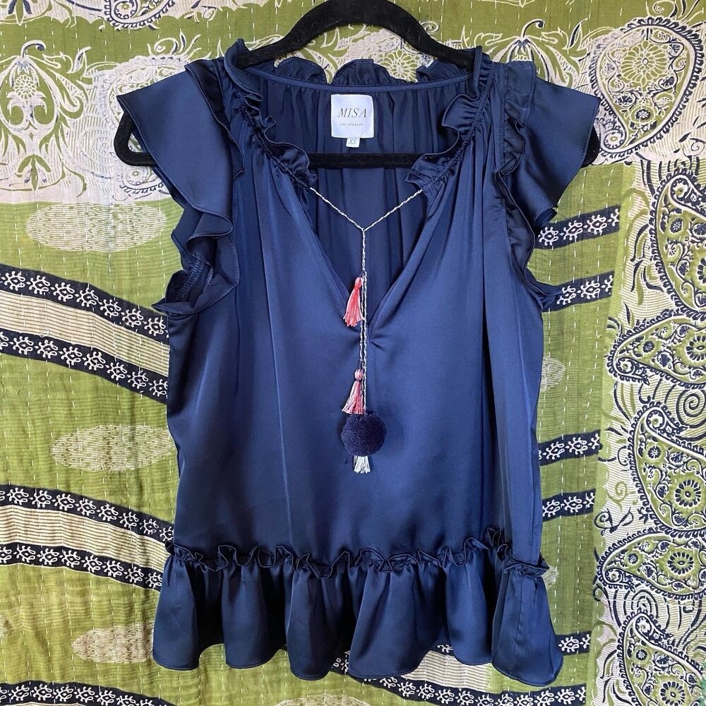 NWOT Misa Blue Fleur Pom Pom Sleeveless V-Neck Satin Blouse Size Extra Small - Picture 2 of 15